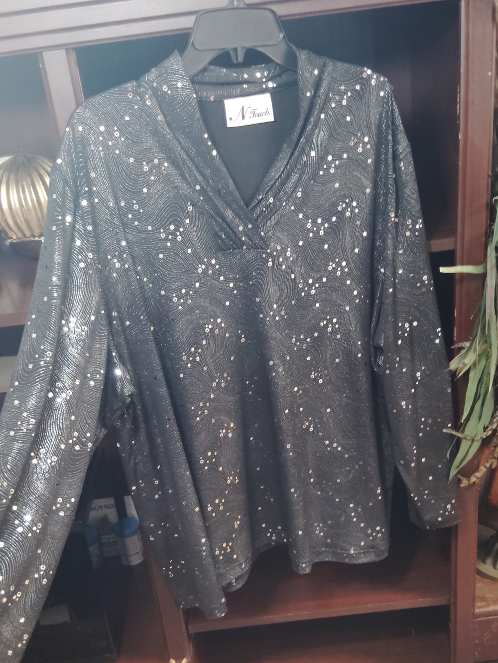 N Touch Black Sequin V-Neck Evening Blouse